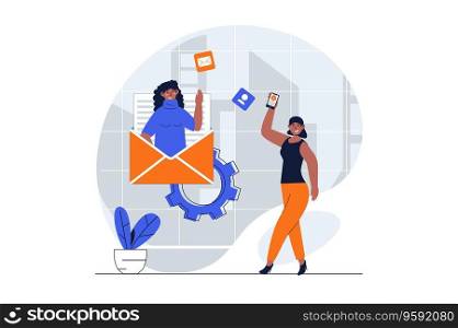 Designer studio web concept with character scene. Women creating and promotion product, making advertising. People situation in flat design. Vector illustration for social media marketing material.