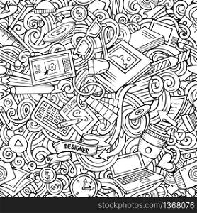 Designer supply sketchy illustration. Visual arts doodles background. Line art vector cartoon seamless pattern with hand drawn design elements. Cartoon cute doodles hand drawn Designer seamless pattern