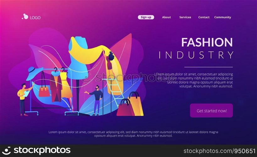 Designer team working on new clothes collection and piece of cloth on mannequin. Fashion industry, clothing style market, fashion business concept. Website vibrant violet landing web page template.. Fashion industry concept landing page.