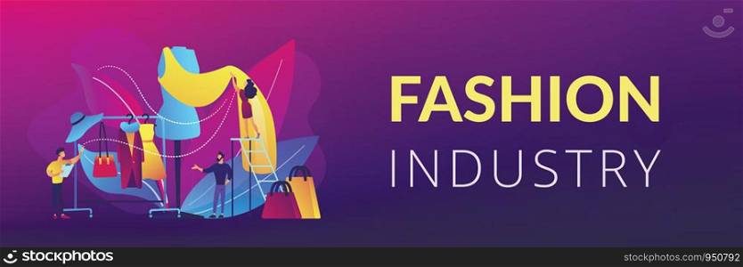 Designer team working on new clothes collection and piece of cloth on mannequin. Fashion industry, clothing style market, fashion business concept. Header or footer banner template with copy space.. Fashion industry concept banner header.