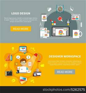 Designer Tools Banner Set. Designer tools banner set with logo design and designer workspace descriptions with read more buttons vector illustration