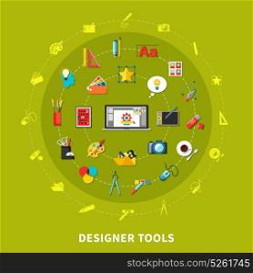 Designer Tools Colored Concept. Designer tools colored concept with icon set combined in big circle on green background vector illustration