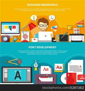 Designer Tools Composition Set. Two flat designer tools composition set with designer workplace and font development descriptions vector illustration
