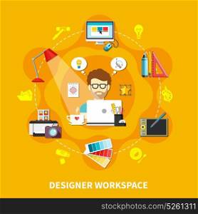 Designer Tools Flat Composition. Designer tools flat composition with designer workplace description and man sits on work vector illustration