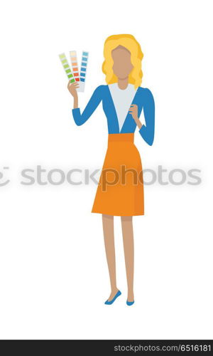 Designer vector illustration. Flat design. Woman character with color guide. Interior, web, app interface design. Color matching. For profession and production concepts. Isolated on white background. Designer Vector Illustration in Flat Design. Designer Vector Illustration in Flat Design