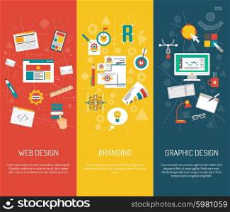 Designer vertical banner set with web graphic design and branding elements isolated vector illustration. Designer Banner Set