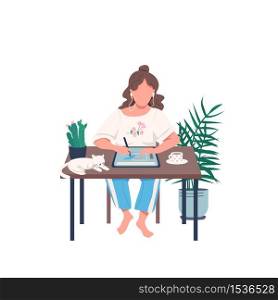 Designer with tablet flat color vector faceless character. Remote class for artist. Girl draw with pen on device. Creative hobby isolated cartoon illustration for web graphic design and animation. Designer with tablet flat color vector faceless character
