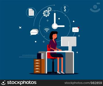 Designer woman working with creative process icons on background. Concept designer vector illustration.