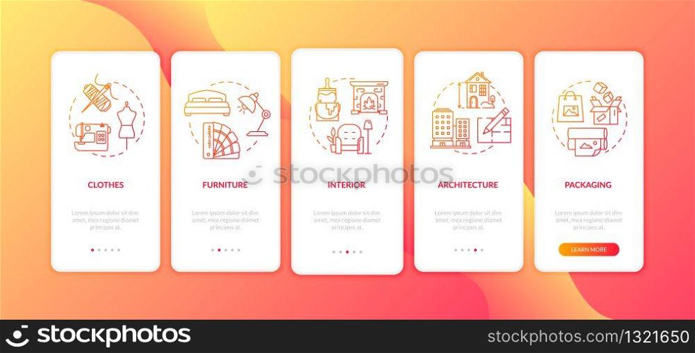 Designer work onboarding mobile app page screen with concepts set. Artist order. Decoration process walkthrough 5 steps graphic instructions. UI vector template with RGB color illustrations