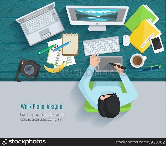 Designer workplace flat with top view woman at table and design gadgets vector illustration. Designer Workplace Flat