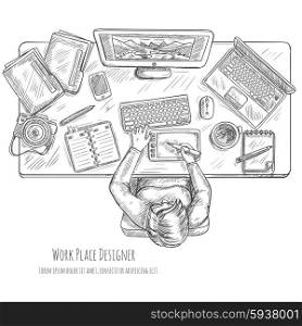 Designer workplace sketch with woman drawing on tablet top view vector illustration. Designer Workplace Sketch
