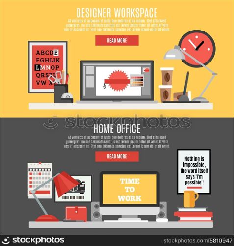 Designer workspace and home office horizontal banner set isolated vector illustration. Workspace Banner Set