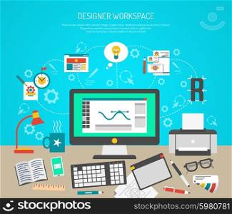 Designer workspace concept with flat graphic design tools and computer monitor vector illustration. Designer Workspace Concept