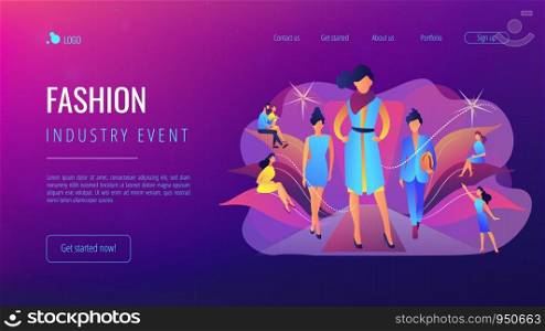 Designers display latest collection in runway fashion show to buyers and media. Fashion week, fashion industry event, runway fashion show concept. Website vibrant violet landing web page template.. Fashion week concept landing page.