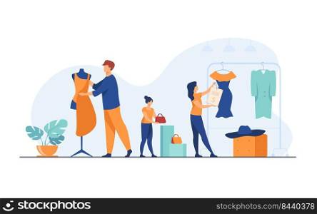 Designers organizing salesroom in boutique. People wrapping mannequin in fabric, hanging clothes and price on rack. Vector illustration for clothes production, fashion house, tailor shop concept