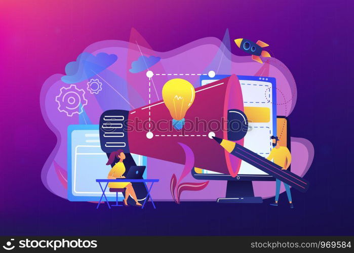 Designers work on brand and megaphone. Brand identity and logo, business card, advertisement and graphic design concept on ultraviolet background. Bright vibrant violet vector isolated illustration. Brand identity concept vector illustration.