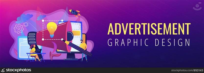 Designers work on new brand and big megaphone. Brand identity and logo, business card, advertisement and graphic design concept on white background. Header or footer banner template with copy space.. Brand identity concept banner header.