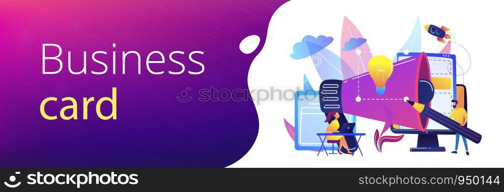 Designers work on new brand and big megaphone. Brand identity and logo, business card, advertisement and graphic design concept on white background. Header or footer banner template with copy space.. Brand identity concept banner header.