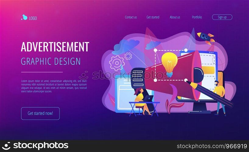 Designers work on new brand and big megaphone. Brand identity and logo, business card, advertisement and graphic design concept on white background. Website vibrant violet landing web page template.. Brand identity concept landing page.
