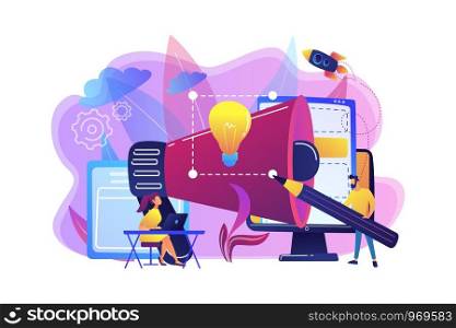 Designers work on new brand and big megaphone. Brand identity and logo, business card, advertisement and graphic design concept on white background. Bright vibrant violet vector isolated illustration. Brand identity concept vector illustration.