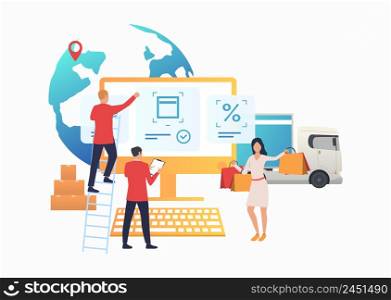 Designers working on internet store website. Computer, professional team, woman with shopping bag. Online shop concept. Vector illustration can be used for presentation slide, poster, new projects