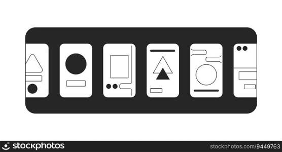 Designs of onboarding flat monochrome isolated vector icon. Apps and programs screens. Editable black and white line art drawing. Simple outline spot illustration for web graphic design. Designs of onboarding flat monochrome isolated vector icon