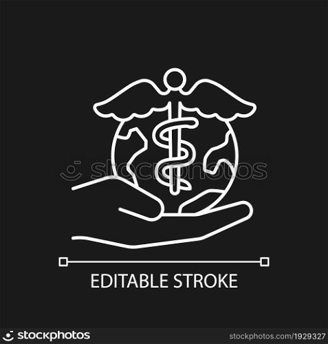 Desire to help future generations white linear icon for dark theme. Effective drug development. Thin line customizable illustration. Isolated vector contour symbol for night mode. Editable stroke. Desire to help future generations white linear icon for dark theme