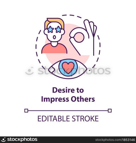 Desire to impress others concept icon. Buy things to impress friends and colleagues. Excessive consumerism abstract idea thin line illustration. Vector isolated outline color drawing. Editable stroke. Desire to impress others concept icon