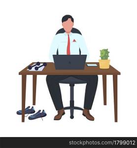 Desk-based employee with dumbbells semi flat color vector character. Full body person on white. Promote workout in workplace isolated modern cartoon style illustration for graphic design and animation. Desk-based employee with dumbbells semi flat color vector character