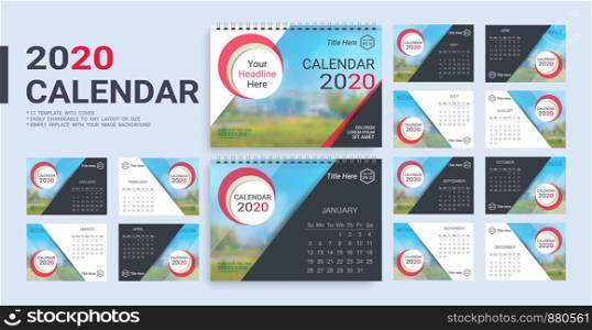 Desk Calendar 2020 template, 12 months and 13 template with cover included in A5 but easily to changeable to any layout or size and simply replace with your image background.