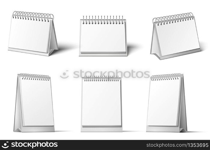 Desk calendar mockup. Blank calendars stand, table diary reminder and realistic 3D white template vector set. Collection calendar business mockup, office desk organizer realistic illustration. Desk calendar mockup. Blank calendars stand, table diary reminder and realistic 3D white template vector set