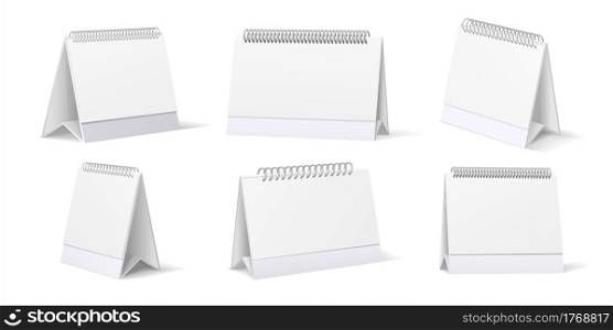 Desk calendar. Realistic table stand mockup with paper pages and spiral springs. 3D office organizers set. View from different sides on isolated blank notepads. Vector stationery mockup for branding. Desk calendar. Realistic table stand mockup with pages and spiral springs. 3D office organizers set. View from different sides on blank notepads. Vector stationery mockup for branding