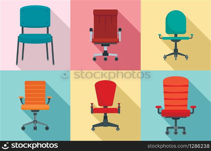 Desk chair icons set. Flat set of desk chair vector icons for web design. Desk chair icons set, flat style