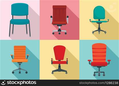 Desk chair icons set. Flat set of desk chair vector icons for web design. Desk chair icons set, flat style
