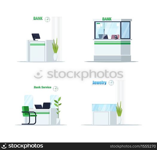 Desk for bank service semi flat RGB color vector illustration set. Manager workplace for customer support. Indoor lobby table. Reception counter isolated cartoon object on white background collection. Desk for bank service semi flat RGB color vector illustration set