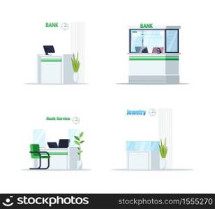 Desk for bank service semi flat RGB color vector illustration set. Manager workplace for customer support. Indoor lobby table. Reception counter isolated cartoon object on white background collection. Desk for bank service semi flat RGB color vector illustration set