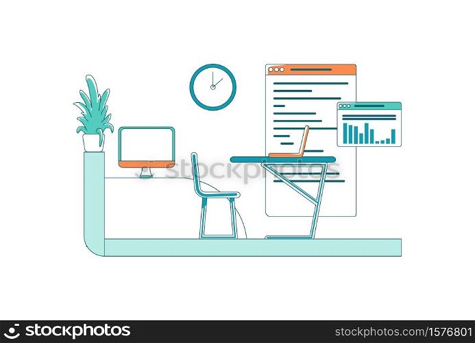 Desk in office flat color vector scene. Workplace with furniture. Dashboard with information. Manager occupation. Cabinet space isolated cartoon illustration for web graphic design and animation. Desk in office flat color vector scene