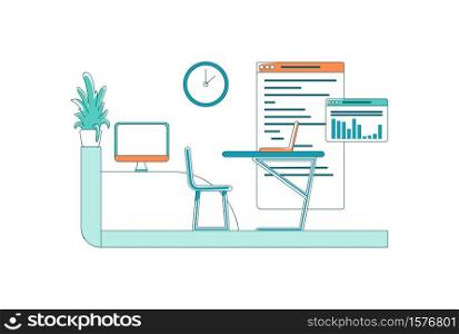 Desk in office flat color vector scene. Workplace with furniture. Dashboard with information. Manager occupation. Cabinet space isolated cartoon illustration for web graphic design and animation. Desk in office flat color vector scene