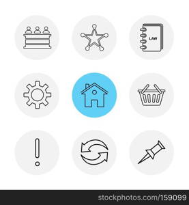 desk , reception , star , book , gear , home, bowl , exclimination , reset, pin , icon, vector, design,  flat,  collection, style, creative,  icons