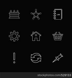 desk , reception , star , book , gear , home, bowl , exclimination , reset, pin , icon, vector, design, flat, collection, style, creative, icons