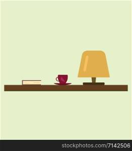 Desk with book and lamp, illustration, vector on white background.