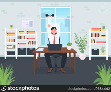 Desk workout flat color vector illustration. Exercise at computer. Fitness in chair. Training during work day. Corporate employee 2D cartoon character with office interior on background. Desk workout flat color vector illustration