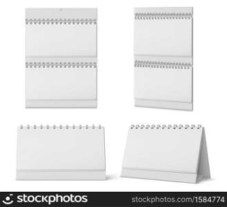 Desktop and wall calendars with spiral and blank pages isolated on white background. Vector realistic mockup of white paper calender, office planner or notepad standing on table or hanging on wall. Desktop and wall calendars with spiral