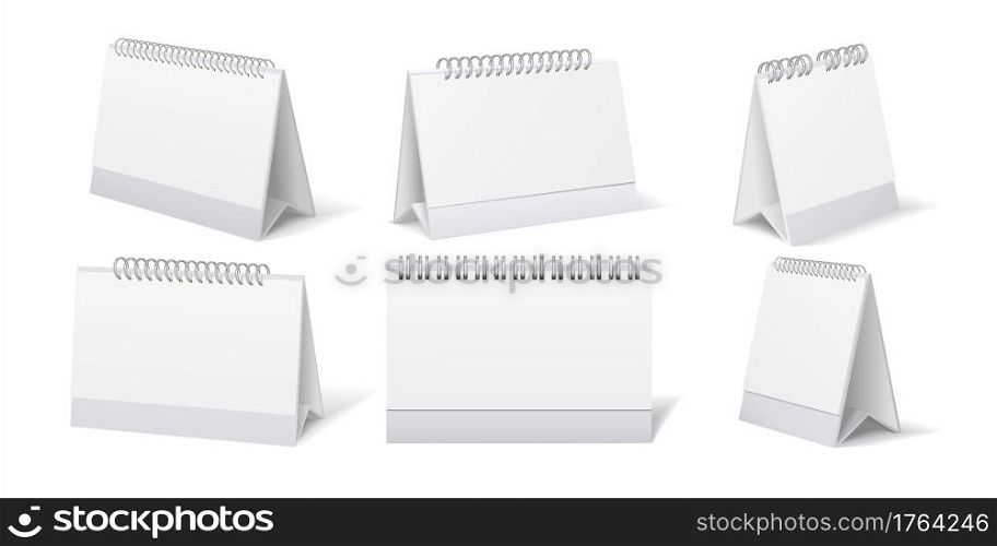 Desktop calendar. Realistic blank table stand with weekly or monthly organizer. 3D stationary for branding. View from different sides on office deadline reminder. Vector page holder with spiral binder. Desktop calendar. Realistic table stand with weekly or monthly organizer. 3D stationary for branding. View from different sides on office reminder. Vector page holder with spiral binder