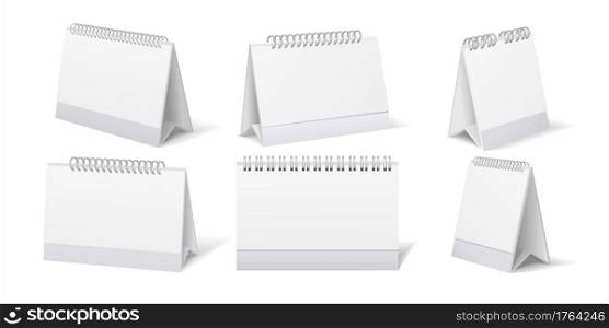 Desktop calendar. Realistic blank table stand with weekly or monthly organizer. 3D stationary for branding. View from different sides on office deadline reminder. Vector page holder with spiral binder. Desktop calendar. Realistic table stand with weekly or monthly organizer. 3D stationary for branding. View from different sides on office reminder. Vector page holder with spiral binder
