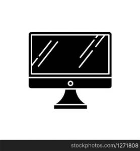 Desktop computer monitor black glyph icon. Regular personal computer. Display, screen. Electronic gadget. Digital device. Technology. Silhouette symbol on white space. Vector isolated illustration