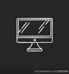 Desktop computer monitor chalk white icon on black background. Regular personal computer. Display, screen. Electronic gadget. Digital device. Technology. Isolated vector chalkboard illustration