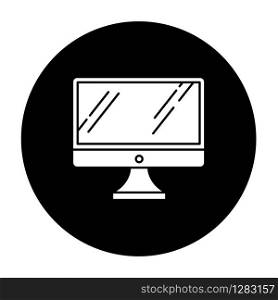 Desktop computer monitor glyph icon. Regular personal computer. Display, screen. Electronic gadget. Digital device. Technology. Vector white silhouette illustration in black circle