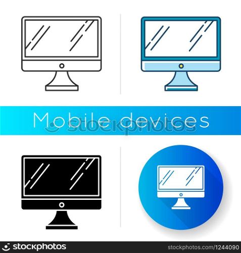 Desktop computer monitor icon. Regular personal computer. Display, screen. Electronic gadget. Digital device. Technology. Linear black and RGB color styles. Isolated vector illustrations