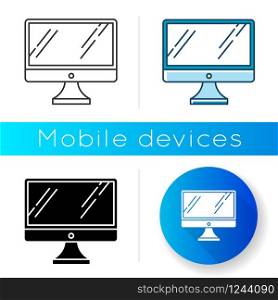 Desktop computer monitor icon. Regular personal computer. Display, screen. Electronic gadget. Digital device. Technology. Linear black and RGB color styles. Isolated vector illustrations